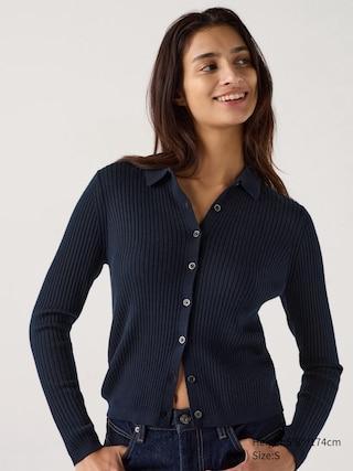 Womens Merino Ribbed Polo Cardigan Navy Large UNIQLO US product image