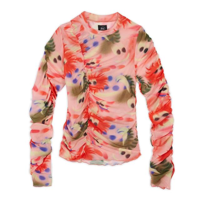 WOMEN'S ALEXIS RUCHED HYPER MESH LONG SLEEVE TOP PINK MULTI | Bodega Product Image