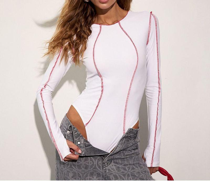 Long-Sleeve Crew Neck Plain Contrast Stitching Bodysuit Top Product Image