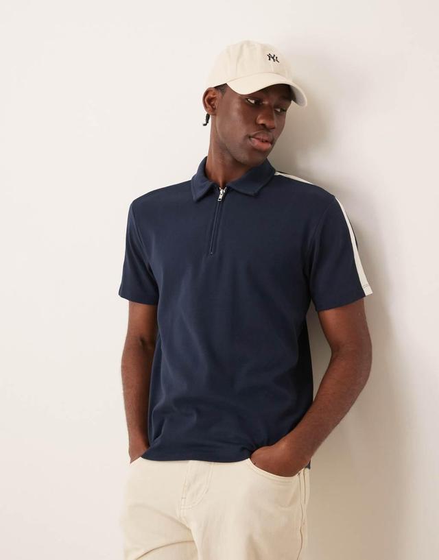 ASOS DESIGN muscle fit rib color block zip polo shirt in navy Product Image