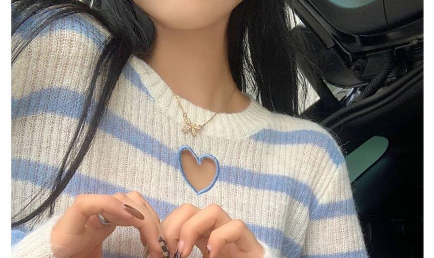 Crew Neck Striped Heart Cutout Sweater Product Image