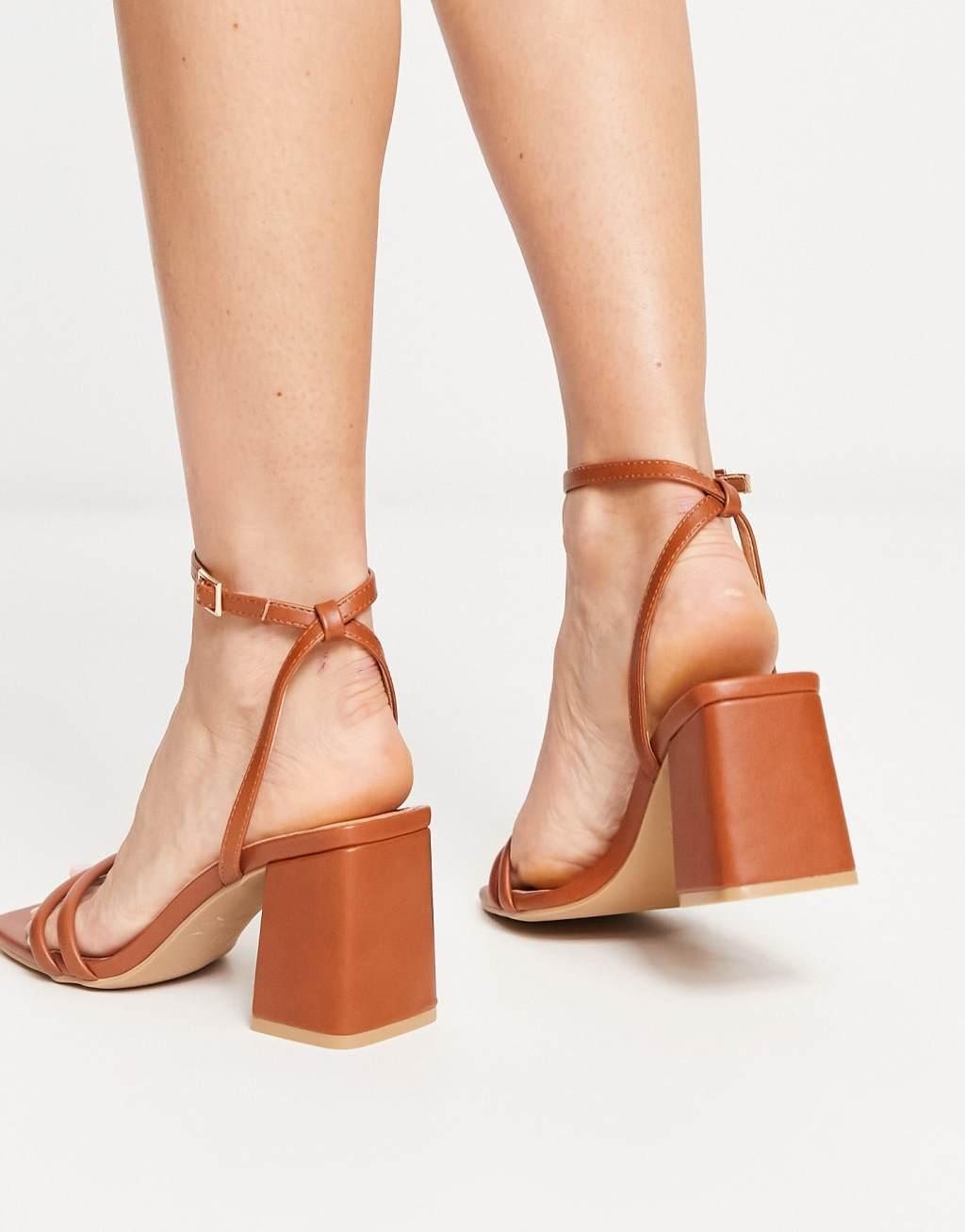 Truffle Collection square toe block heel barely there sandals in beige Product Image