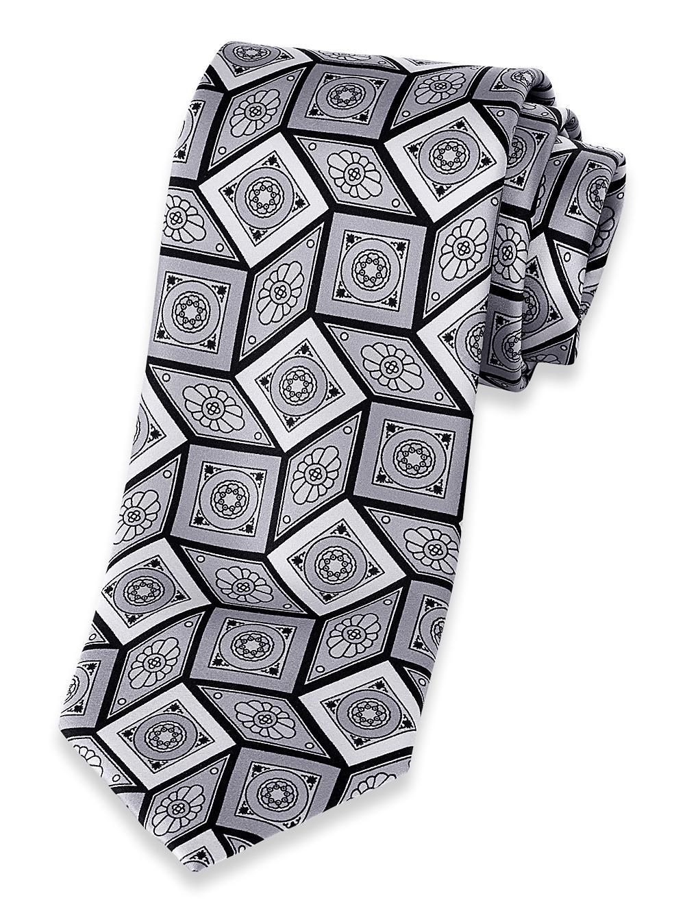 Medallion Printed Italian Silk Tie - Silver Product Image