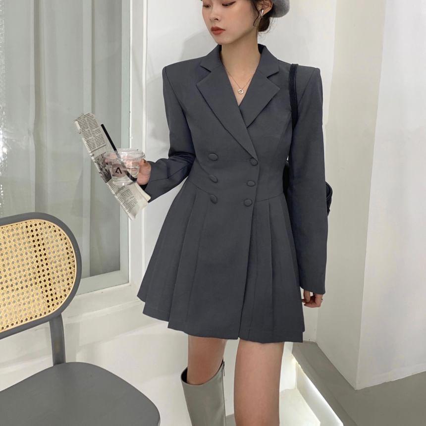 Notch Lapel Plain Pleated Double-Breasted Mini A-Line Blazer Dress Product Image