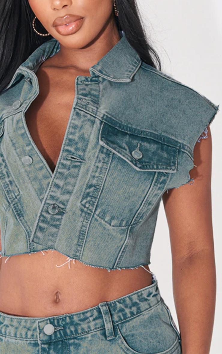 Shape Vintage Wash Washed Denim Raw Hem Edge Cropped Jacket Product Image