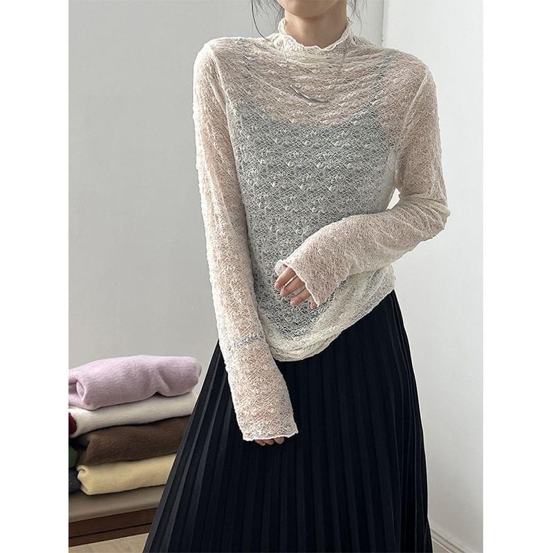 Long Sleeve Mock Neck Plain Lace Top Product Image