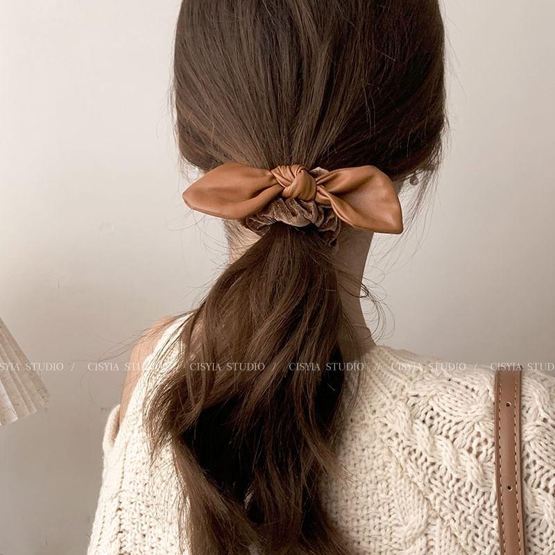 Bow Faux Leather Velvet Scrunchie Product Image