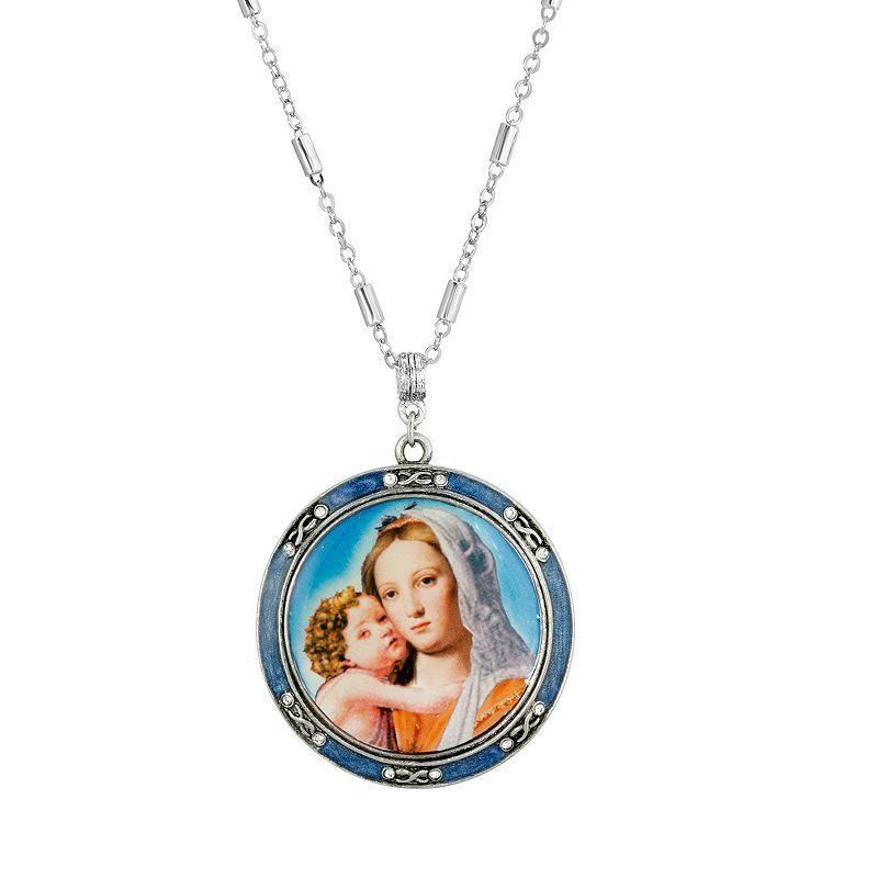 1928 Silver Tone Blue Enamel Mary and Child Decal Pendant Necklace, Womens, Multi Product Image