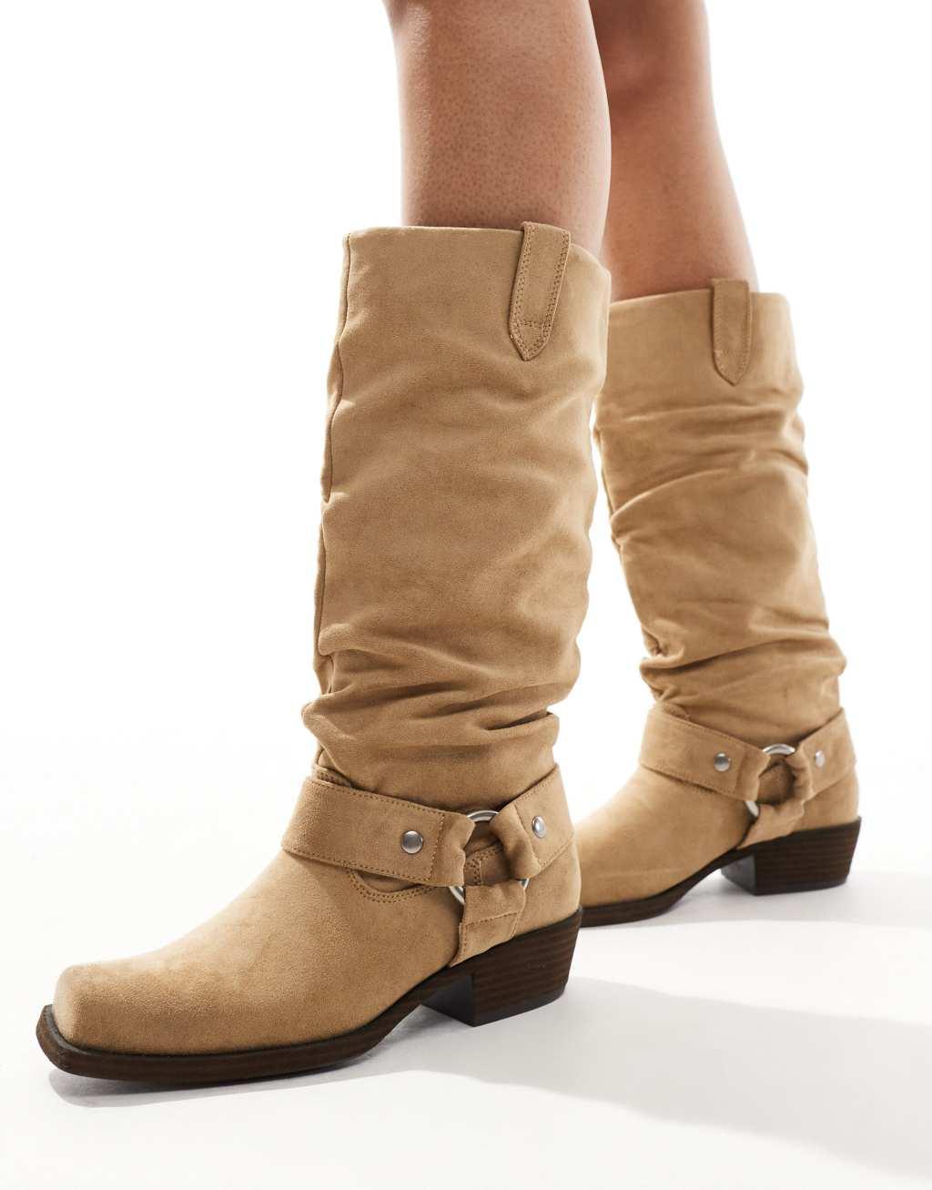 Bershka faux suede calf length boots in brown Product Image