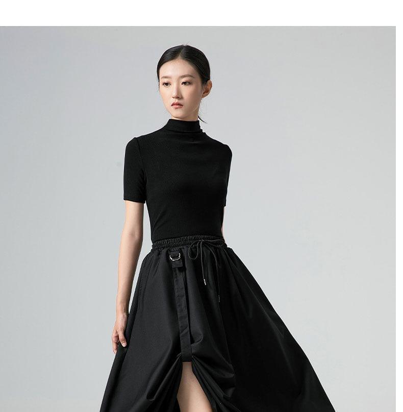 Drawstring Waist Plain Midi A-Line Skirt Product Image