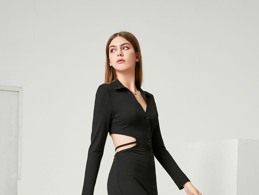 Long-Sleeve Cutout Ribbed Midi Dress product image