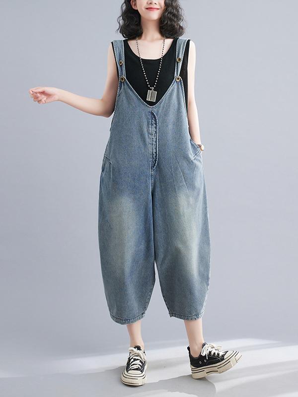 Cropped Loose Denim Buttoned Overalls Product Image