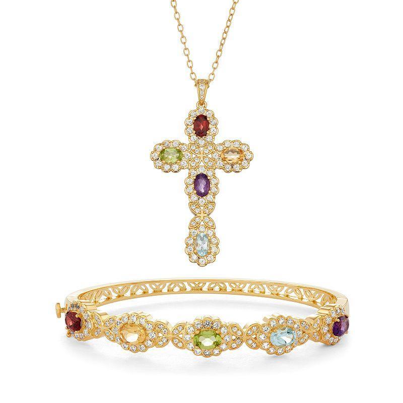 18k Gold Over Bronze Multi Gemstone Heart Pendant Necklace and Bangle Bracelet Set, Womens, Gold Tone Product Image