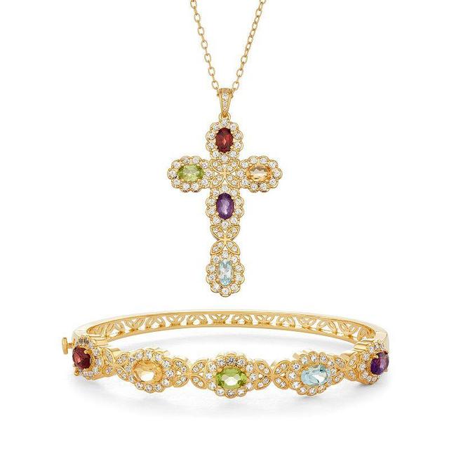 18k Gold Over Bronze Multi Gemstone Heart Pendant Necklace and Bangle Bracelet Set, Womens, Gold Tone Product Image