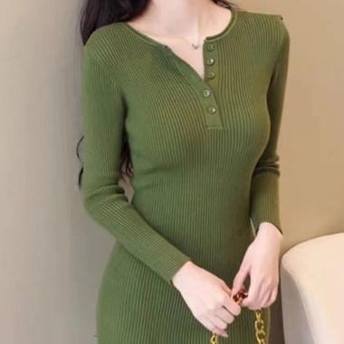 Long-Sleeve Half Buttoned Plain Knit Mini Bodycon Dress Product Image