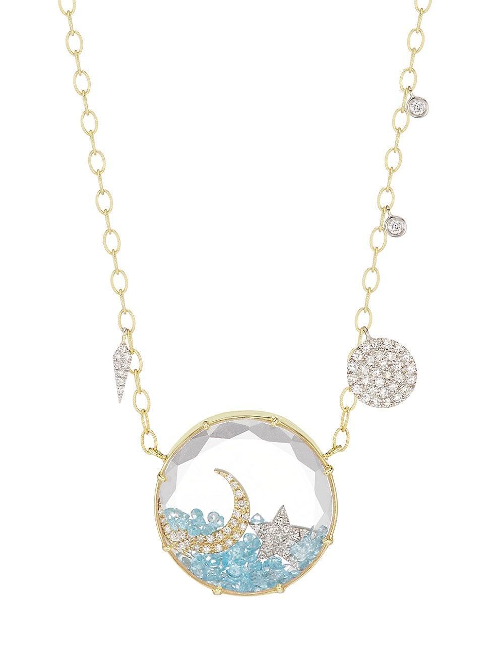 Womens 14K Yellow Gold, Blue Topaz & Diamond Moon & Star Pendant Necklace Product Image