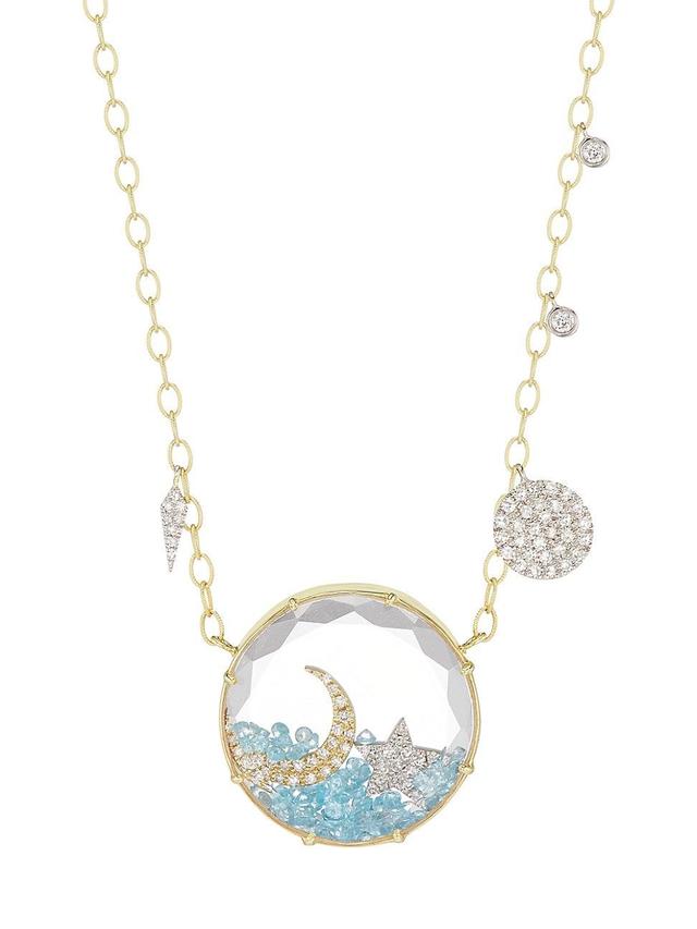 Womens 14K Yellow Gold, Blue Topaz & Diamond Moon & Star Pendant Necklace Product Image