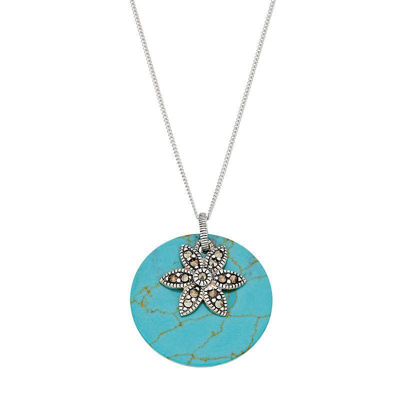 Tori HillSterling Silver Simulated Turquoise Disc & Marcasite Flower Pendant, Womens Multi Product Image