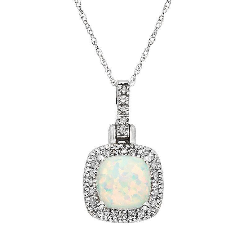 Lab-Created Opal & 1/8 Carat T.W. Diamond 10k White Gold Halo Pendant Necklace, Womens Product Image