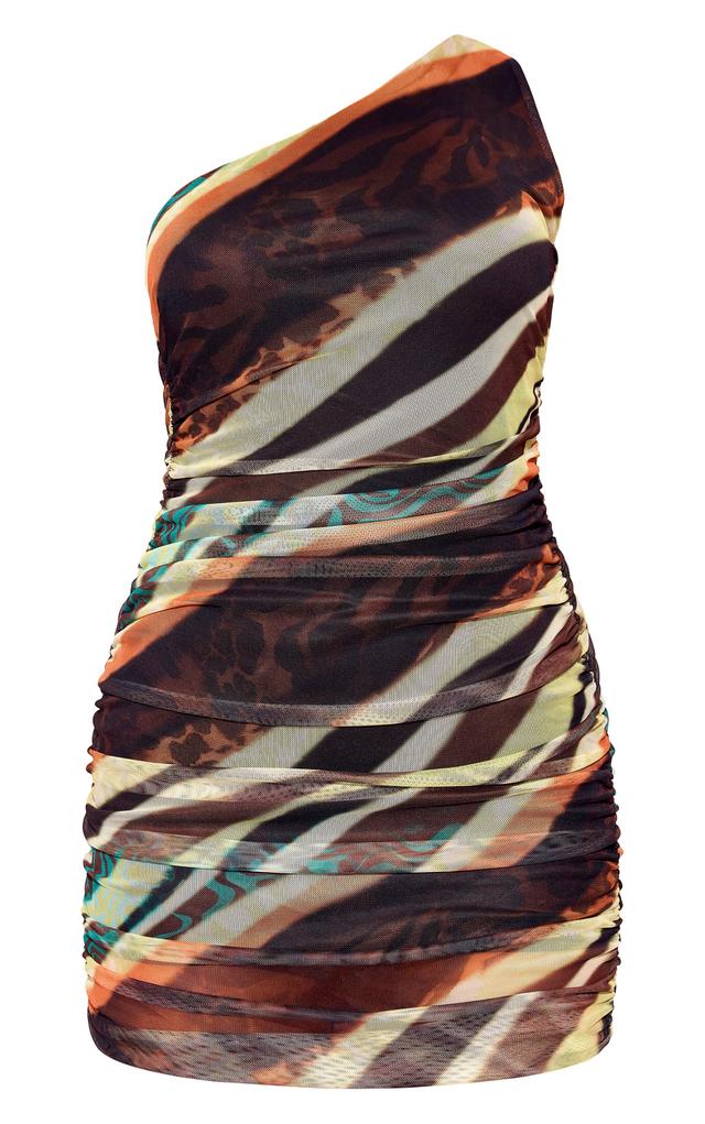 Multi Animal Print Mesh One Shoulder Asymmetric Bodycon Dress Product Image