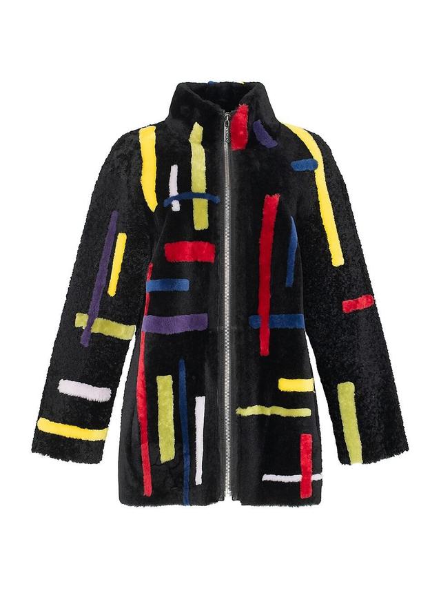 Abstract-Intarsia Shearling Lamb Zip Jacket Product Image