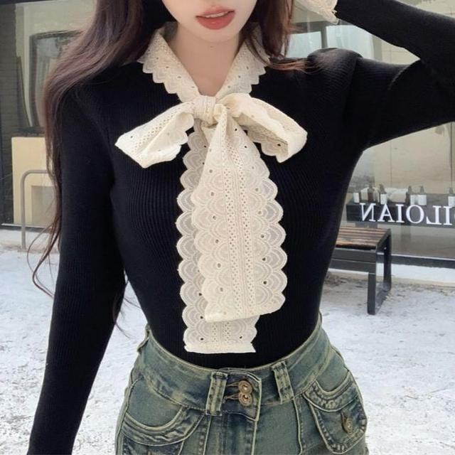 Long-Sleeve Tie-Neck Eyelet Lace Panel Slim Fit Crop Knit Top Product Image