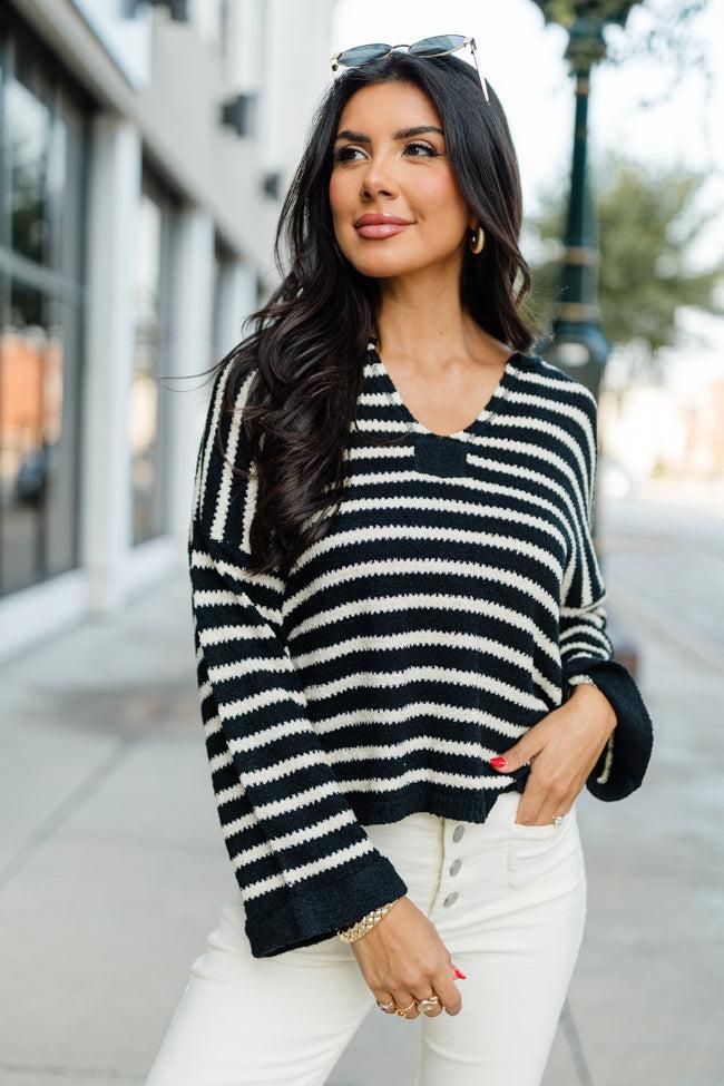 Take The Long Way Black and Ivory Lightweight Knit Striped Sweater Product Image