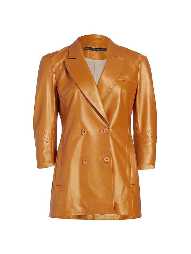 Womens Double-Breasted Coated Leather Blazer Product Image