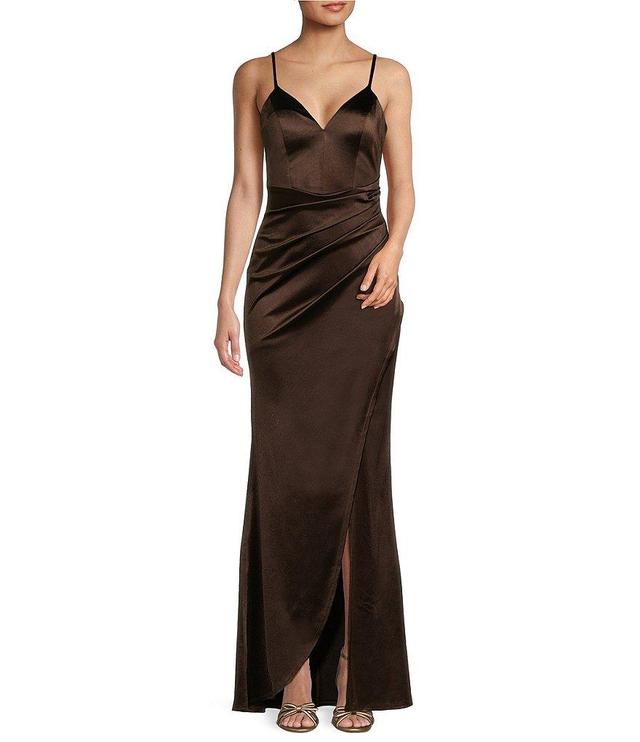 Honey and Rosie Spaghetti Strap V-Neck Ruched Faux Wrap Slit Hem Stretch Long Dress Product Image