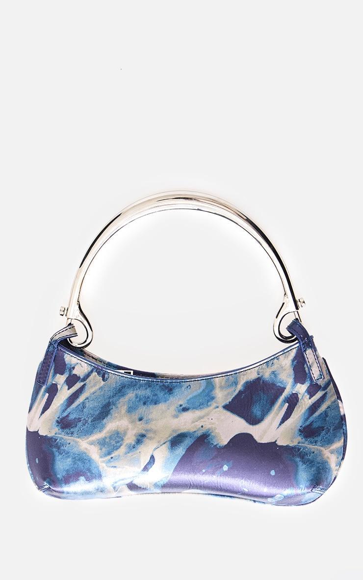 Blue Satin Print Baguette Metal Trim Handbag Product Image