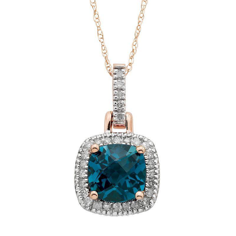 London Blue Topaz & 1/8 Carat T.W. Diamond 10k Gold Halo Pendant Necklace, Womens Pink Product Image