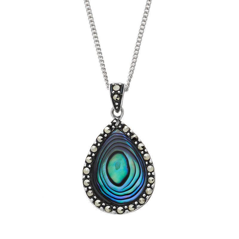 Tori Hill Sterling Silver Marcasite & Abalone Teardrop Pendant Necklace, Womens White Product Image