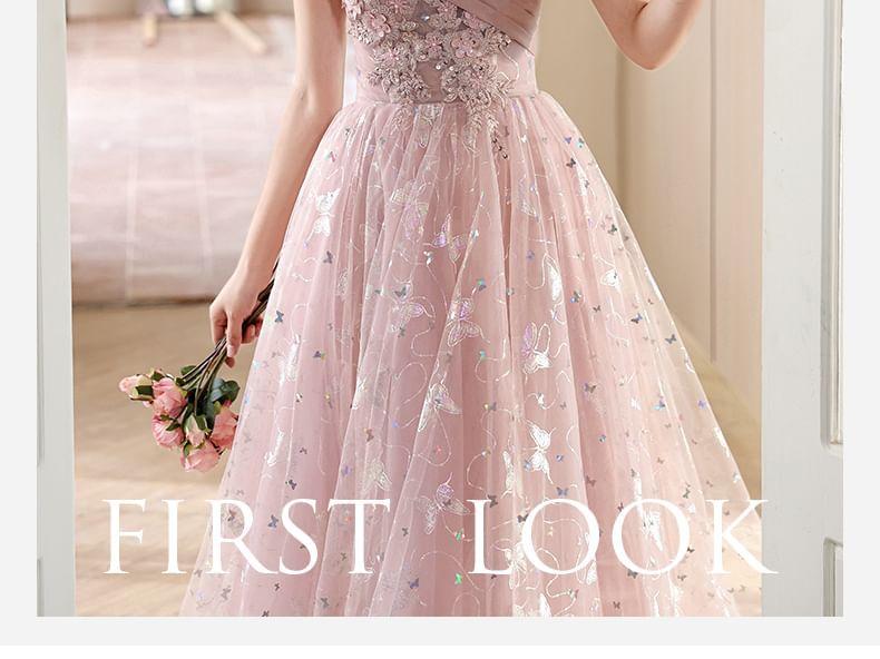 Short-Sleeve Off Shoulder Butterfly Patterned Floral Applique Ruched Mesh A-Line Evening Gown Product Image