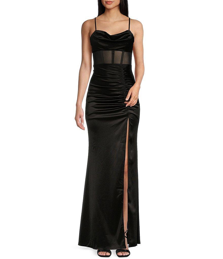 Honey and Rosie Sweetheart Drape Neck Illusion Mesh Corset Front Slit Long Dress Product Image