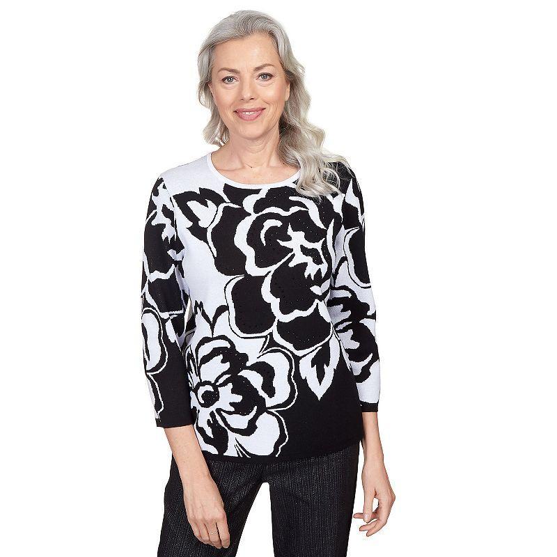 Petite Alfred Dunner Drama Floral Jacquard Crew Neck Sweater, Womens Product Image