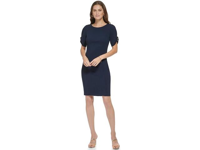 DKNY Puff Sleeve Gunmetal Trim Sheath Dress (Spring Navy) Women's Dress Product Image