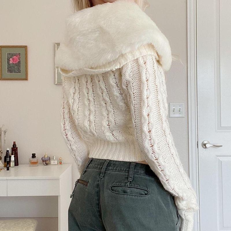 Collar Plain Fluffy Trim Cable-Knit Cropped Cardigan Product Image