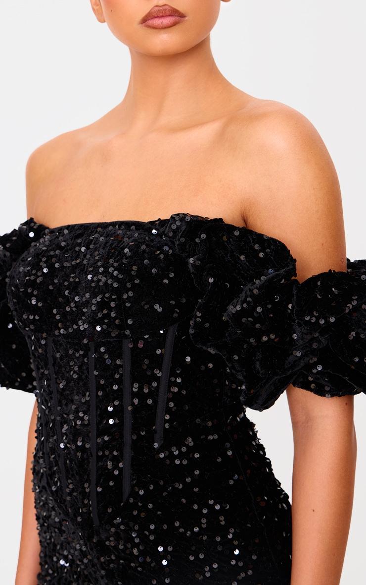 Black Velvet Sequin Puff Sleeve Romper Product Image