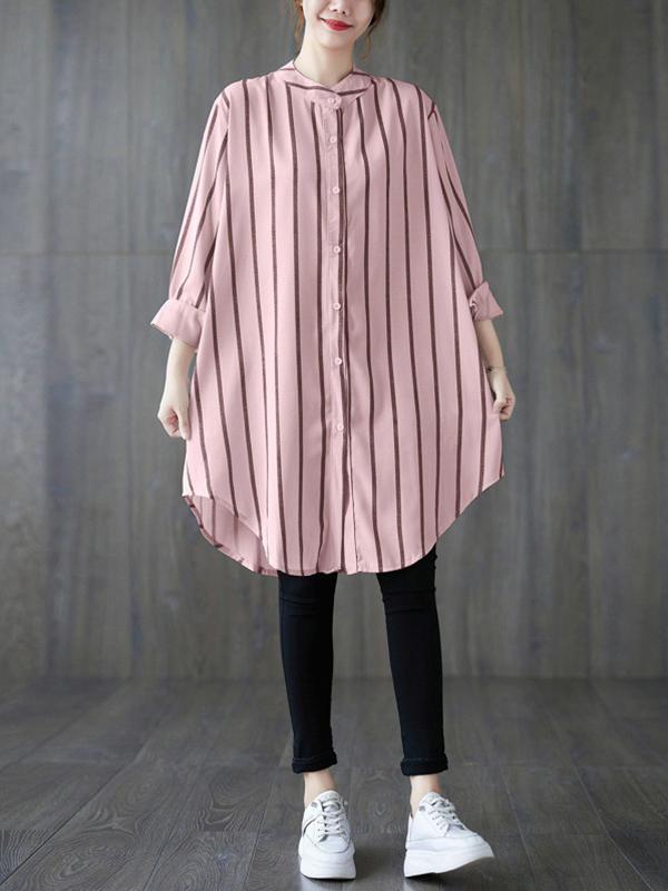 Long Sleeves Loose Buttoned Striped Blouses&Shirts Tops Product Image