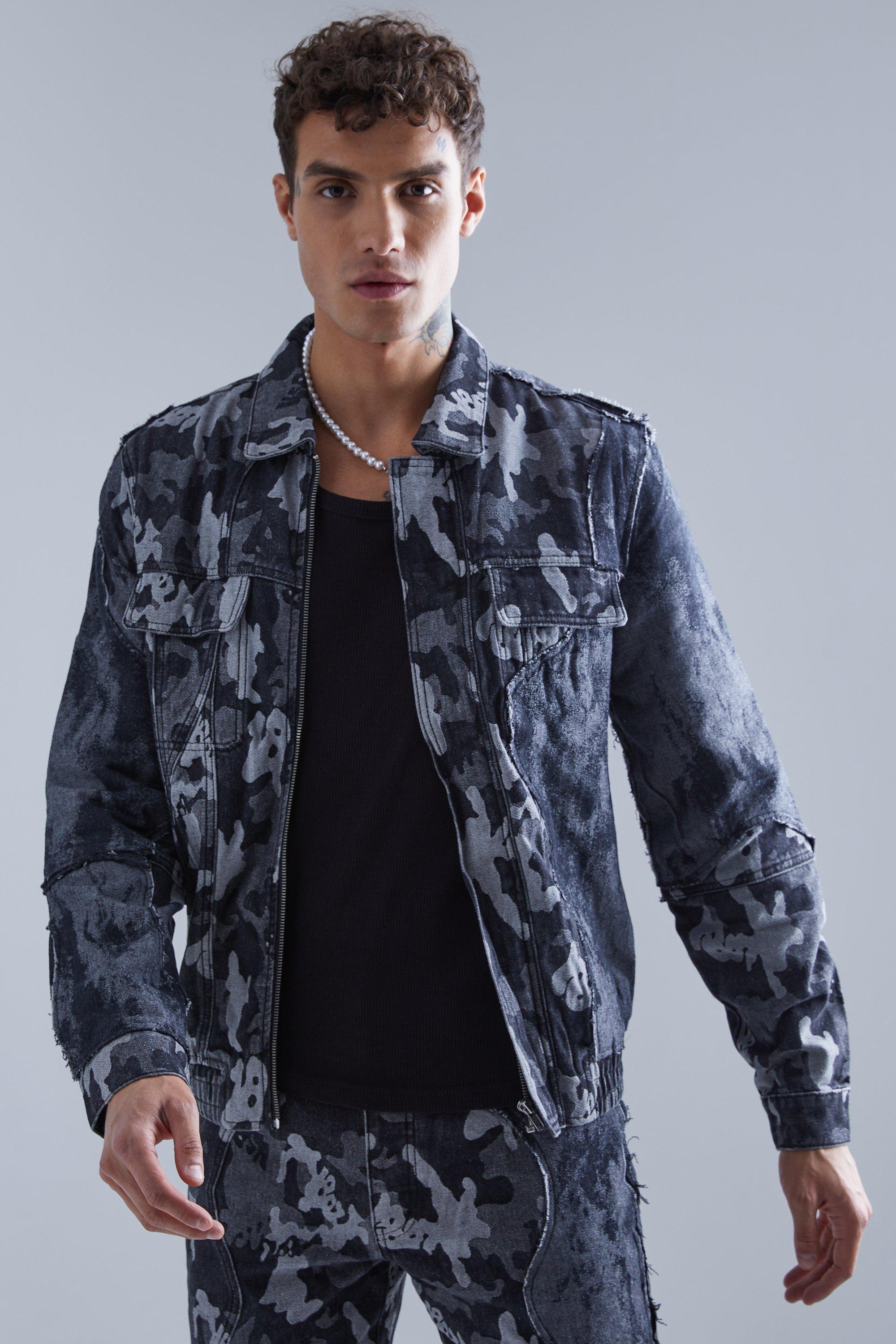 Regular Fit Spliced Camo Denim Jacket | boohooMAN USA Product Image