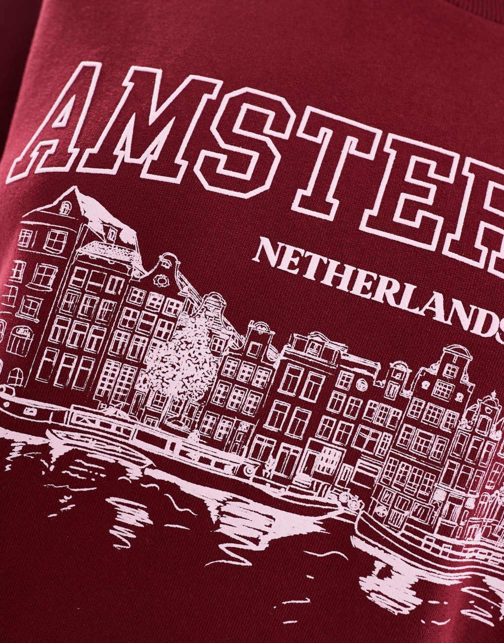 ASOS DESIGN oversized sweatshirt with Amsterdam puff print graphic in burgundy Product Image