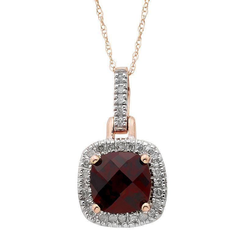 Garnet & 1/8 Carat T.W. Diamond 10K Gold Halo Pendant Necklace, Womens Red Product Image