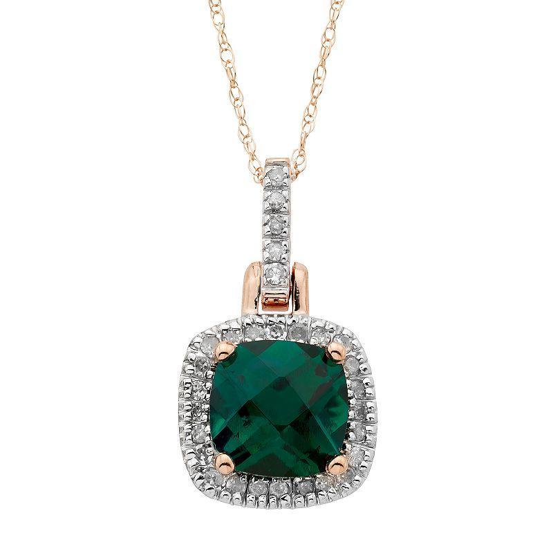 10k Gold Lab-Created Emerald & 1/8 Carat T.W. Diamond Halo Pendant Necklace, Womens Green Product Image