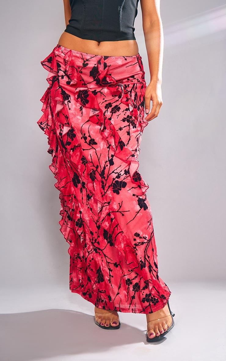 Red Floral Flocked Velvet Ruffle Front Maxi Skirt Product Image