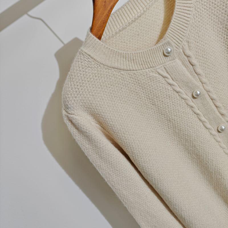 Round Neck Plain Faux Pearl Cardigan Product Image