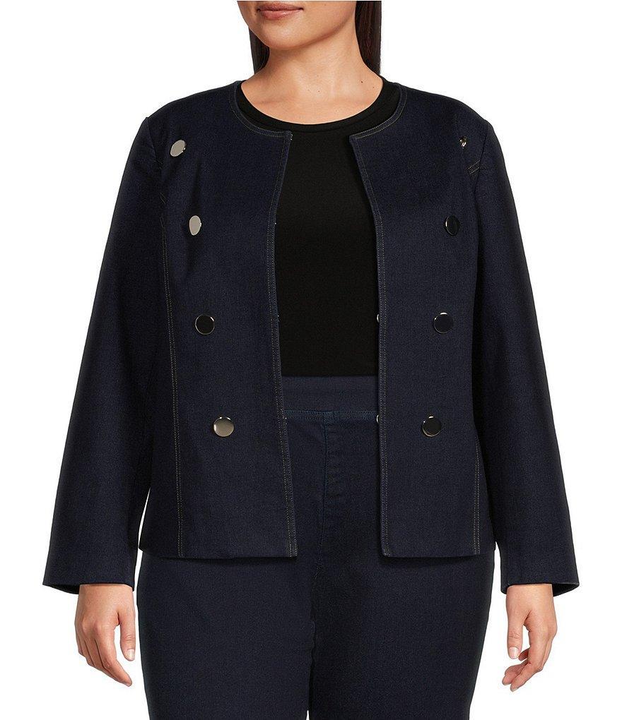 Anne Klein Plus Size Super-Stretch Denim Kissing Front Round Neck Jacket Product Image