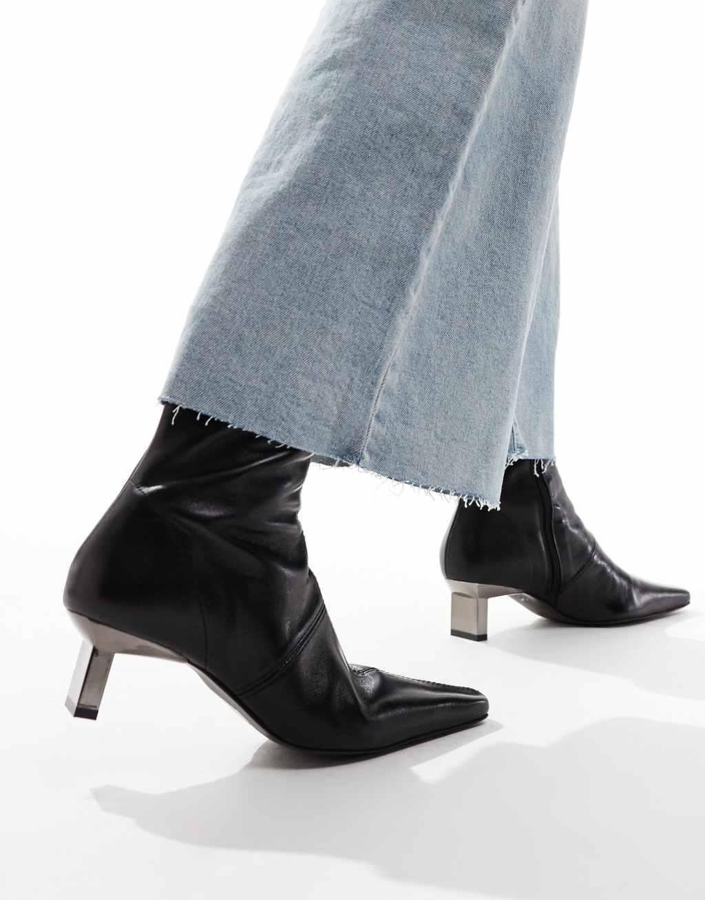 ASOS DESIGN Rise premium leather boots with metal heel detail in black Product Image