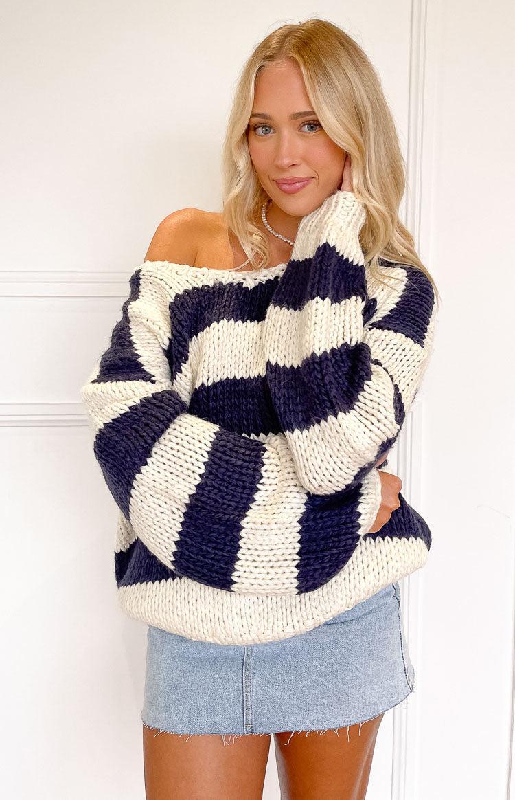 Delvey Navy Striped Chunky Knit Sweater Product Image