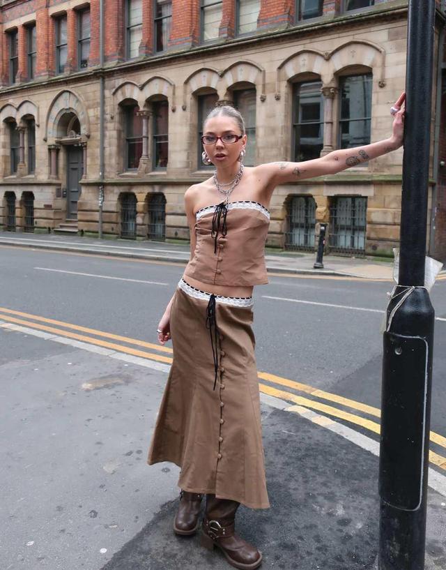 Labelrail x Daisy Birchall bow detail button up midi skirt in toffee - part of a set Product Image