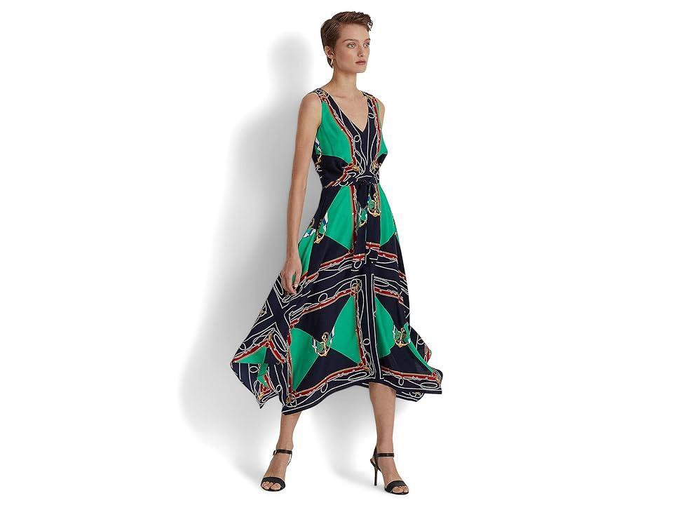 LAUREN Ralph Lauren Print Crepe Dress (Navy/Green Multi) Women's Dress Product Image